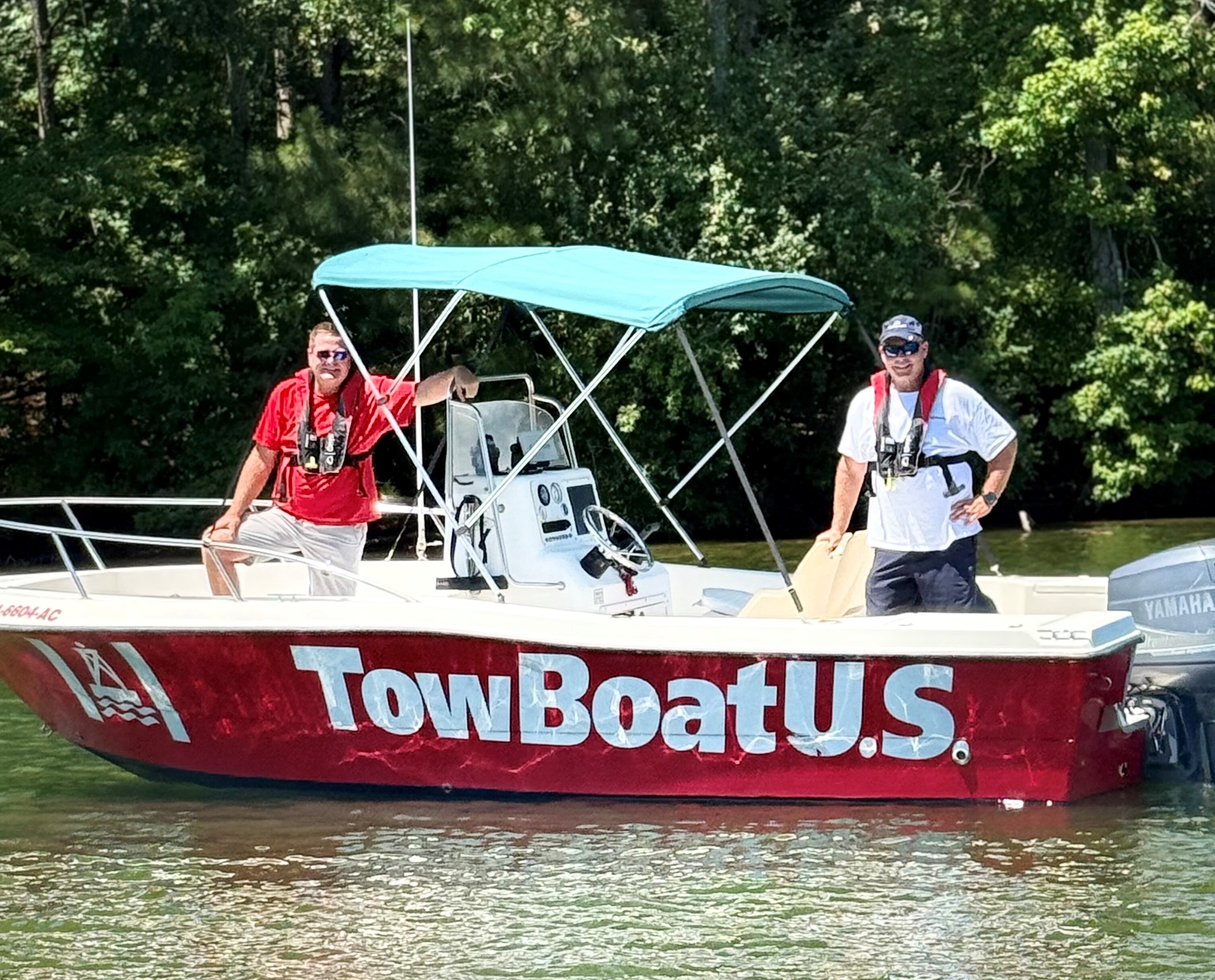 (L to R) Capts. Greg Williams and Reed Dills of TowBoatUS West Point Lake aboard their 24/7 on-water response vessel.